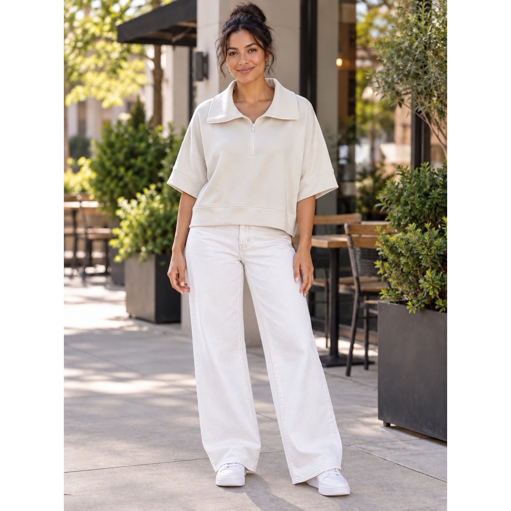 Z by Zella Womens M Cream Quarter Zip Cropped Pullover Short Sleeve Top Lounge